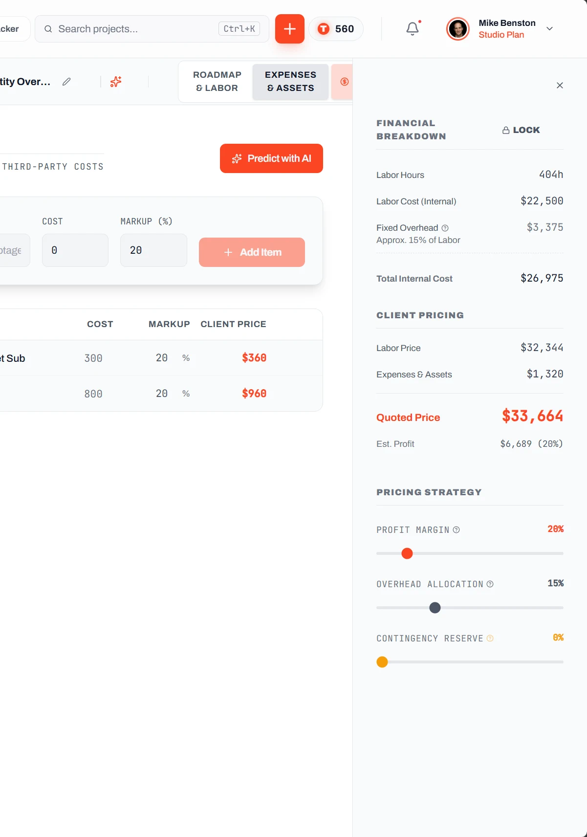 Roadbase expenses and assets view with AI pricing predictions