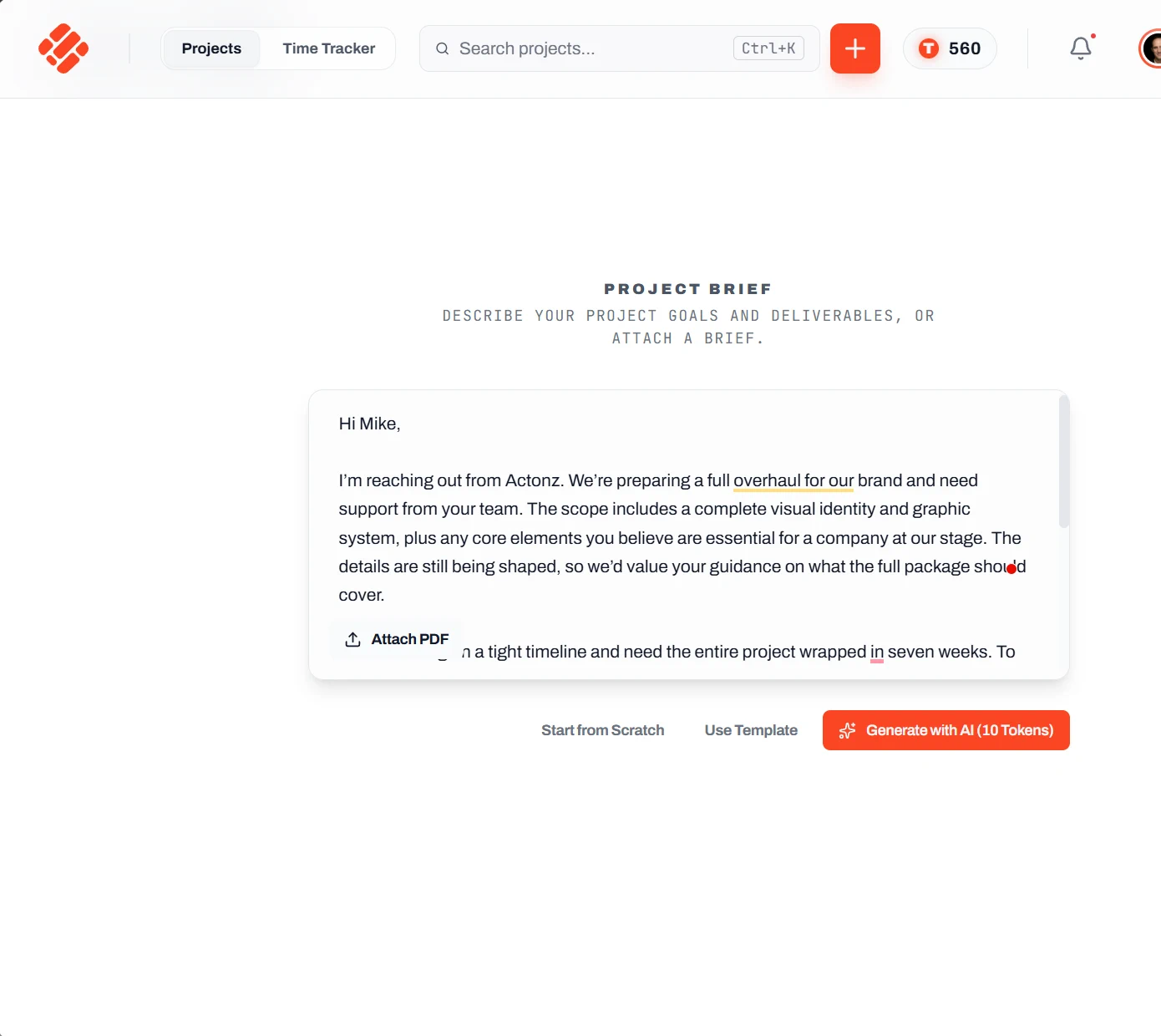 Roadbase project brief editor ready to generate an AI project draft