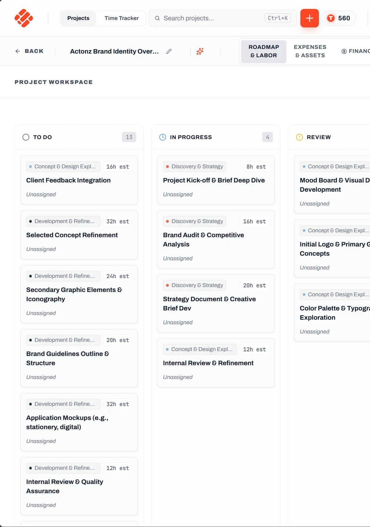 Roadbase project workspace showing tasks and notes in a kanban board