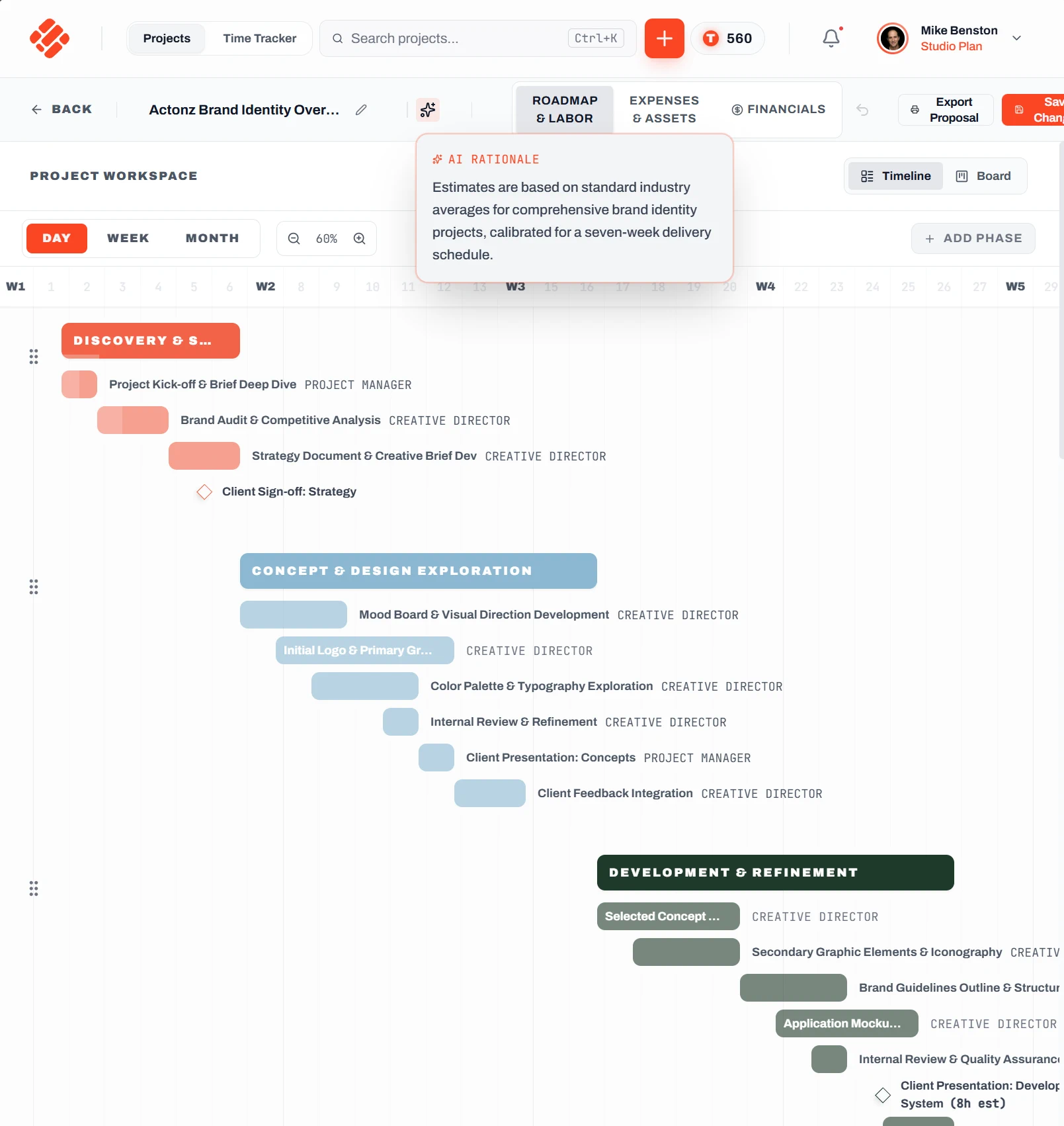 Roadbase roadmap and labour view with project tasks and tracked time