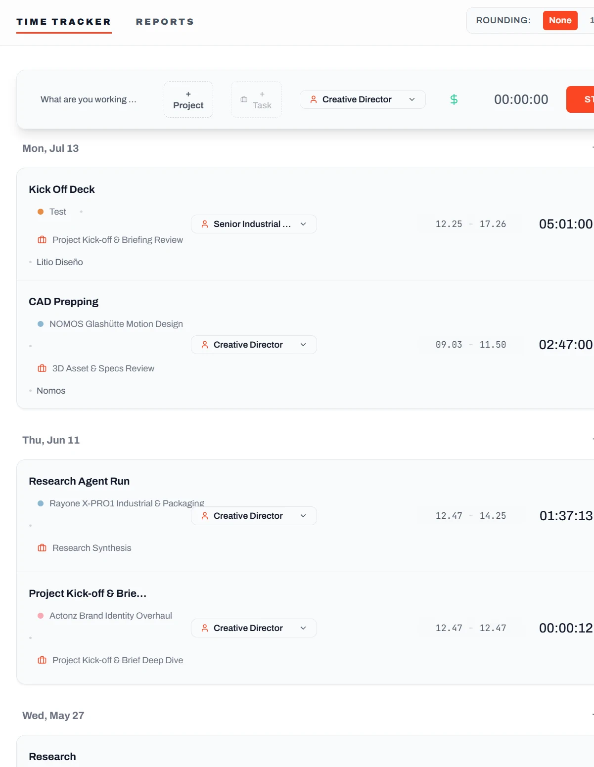 Roadbase time tracker showing work recorded against projects