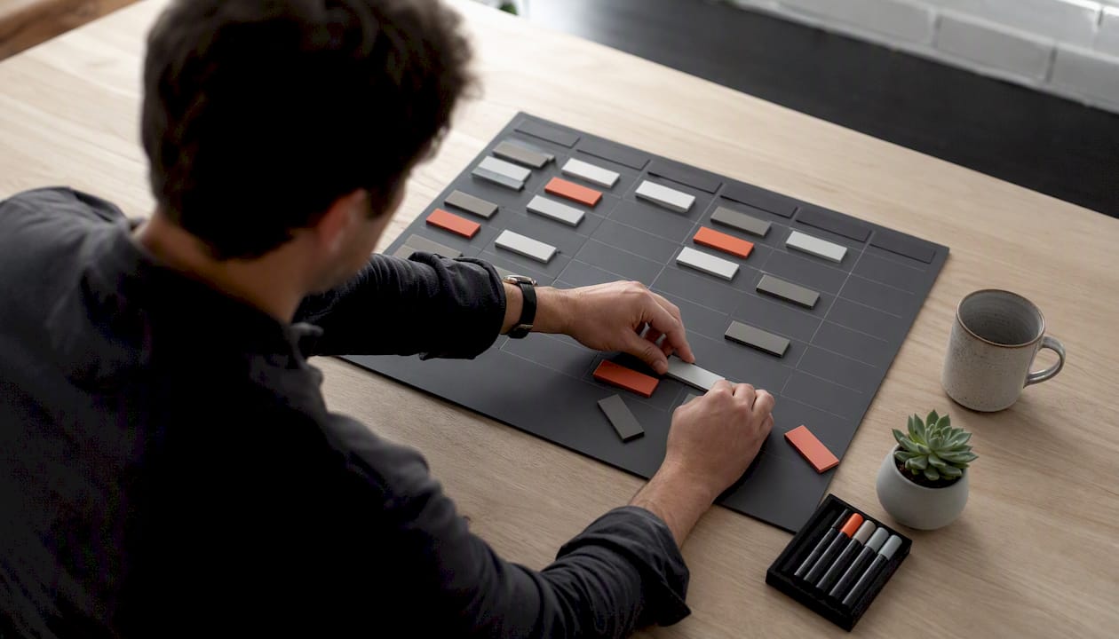 Hands adjusting a physical weekly planner layout