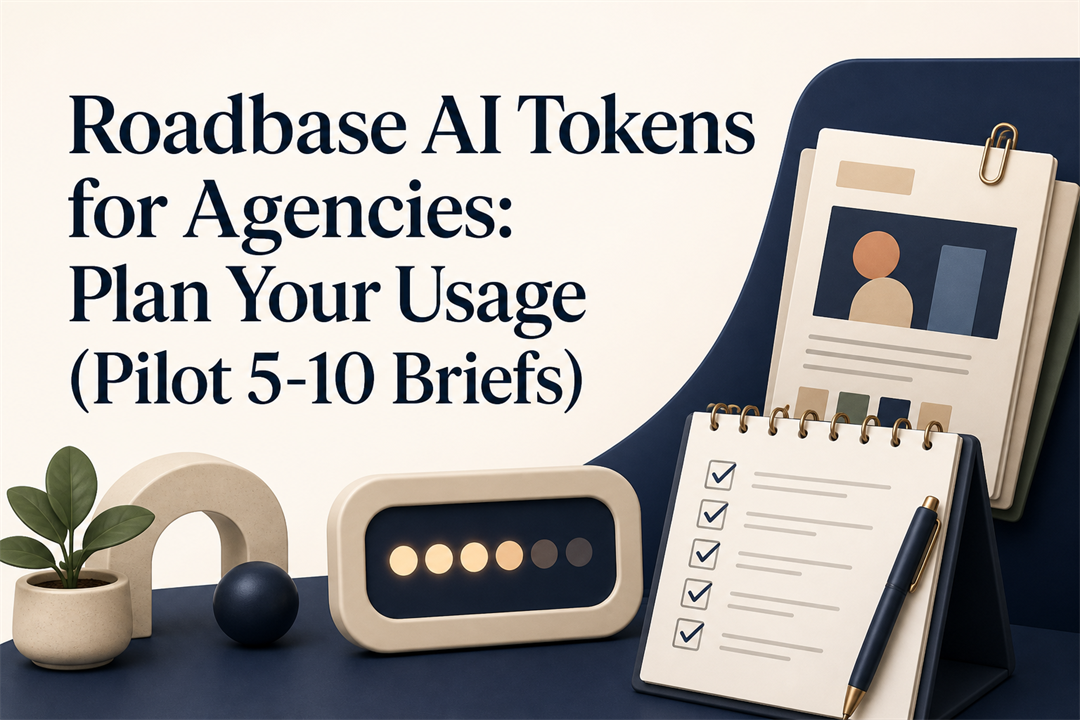 Roadbase AI token usage planning title card with a project brief, editable plan checklist, and token balance indicator.