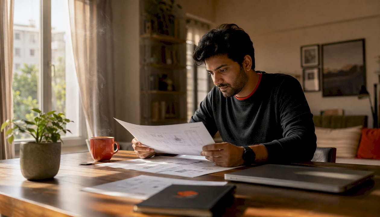 Freelancer reviewing project briefs at home desk