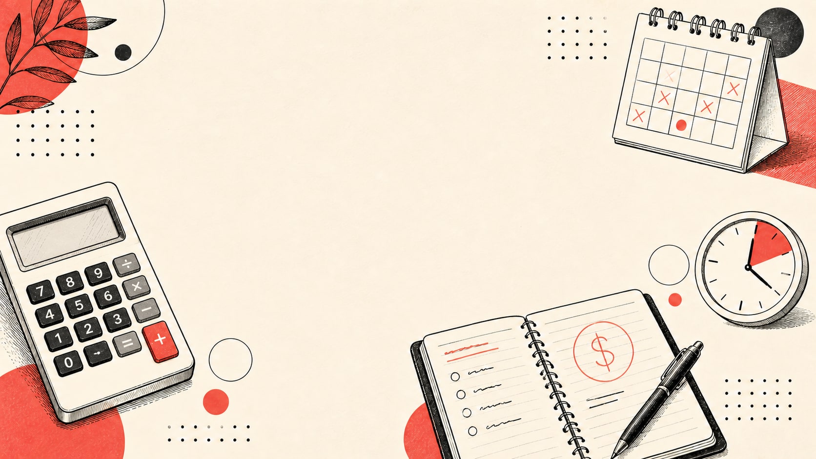 Editorial illustration of a calculator, calendar, clock, and notebook for working out a freelance hourly floor