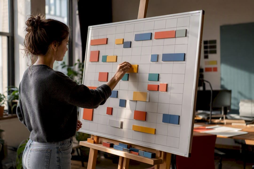 Hand arranging resource tokens on agency planning board