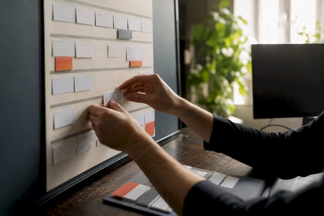 Hands dragging a scheduling card on a Gantt chart board