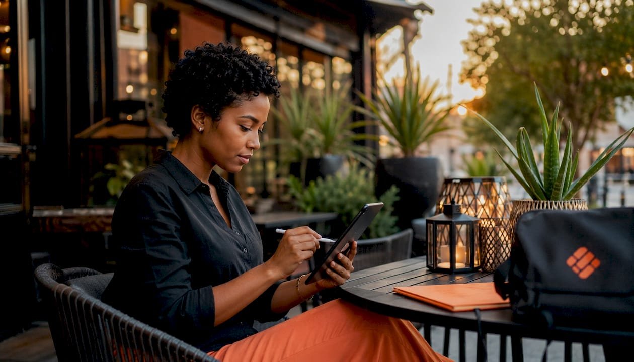 Woman working on markup calculations with tablet