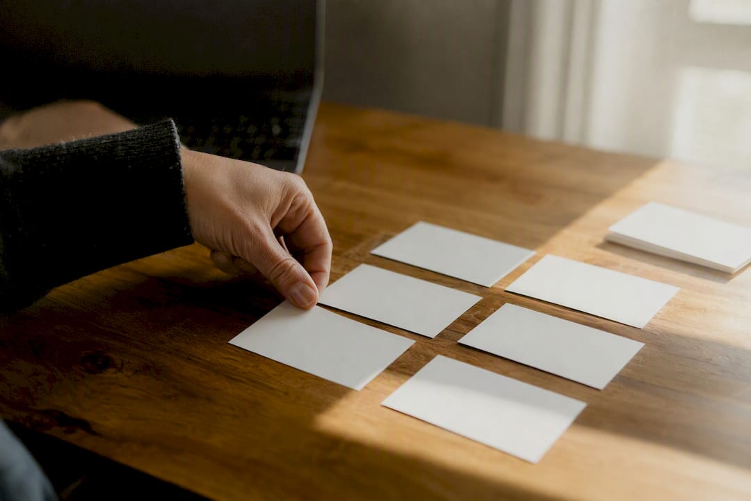 Hand arranging digital task cards on desk