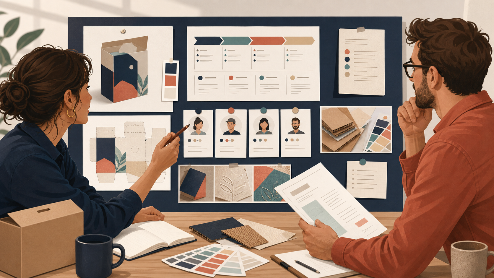Two collaborators review a packaging project board, work phases, team roles, materials, and a proposed quote before it is sent.
