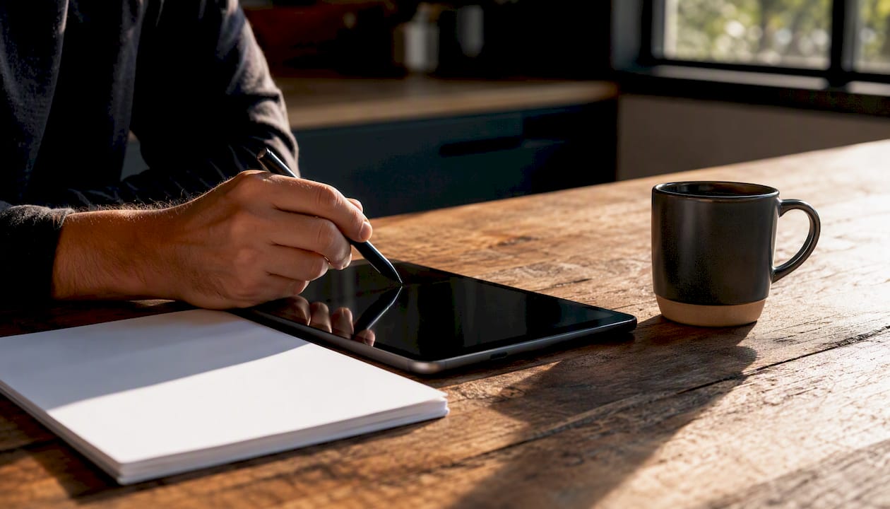 Hand holding a pen above a tablet during a production review
