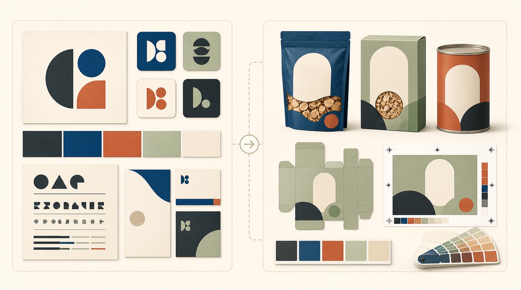 Brand identity and packaging scope examples, from visual system to production artwork.