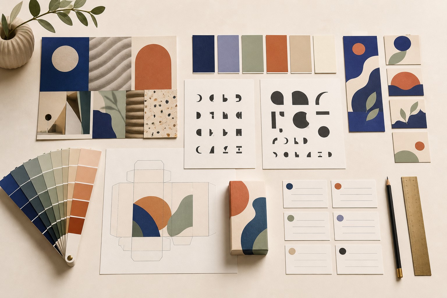 Graphic-design materials showing a brand identity system, packaging dieline, color swatches, and production artwork.