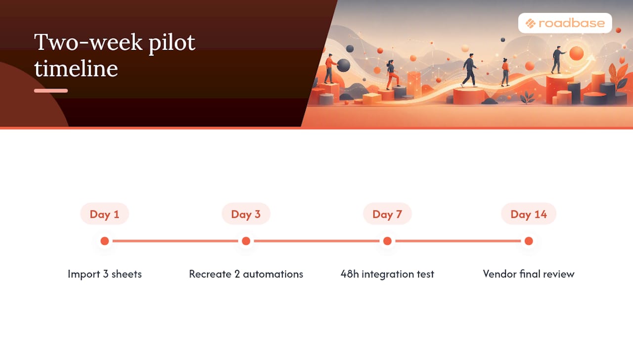 Illustrative two-week pilot plan for testing a replacement tool