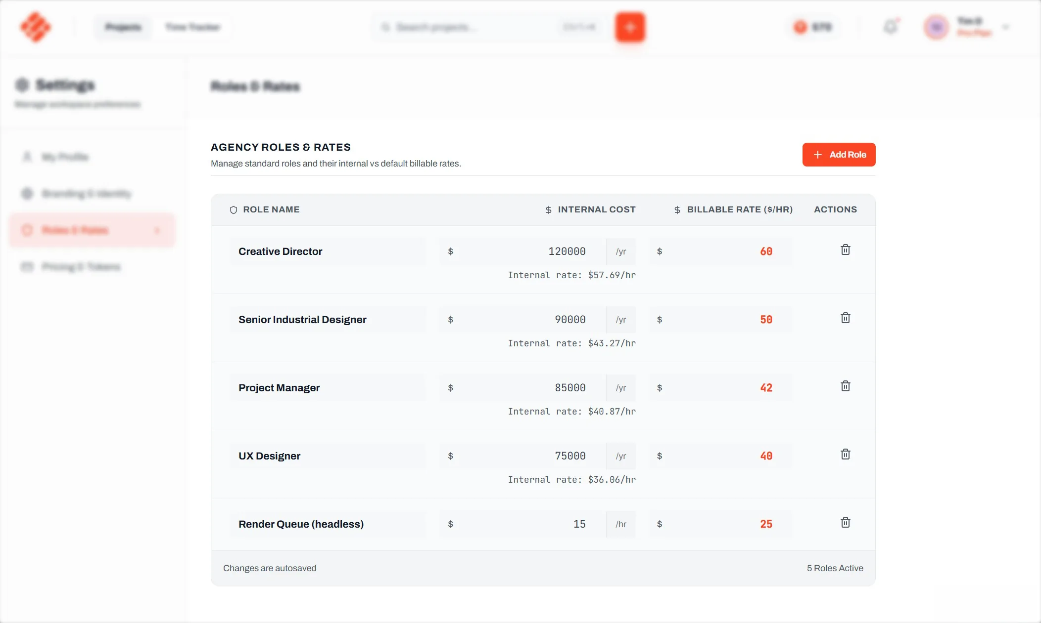 Roadbase project role assignments and rate sheets